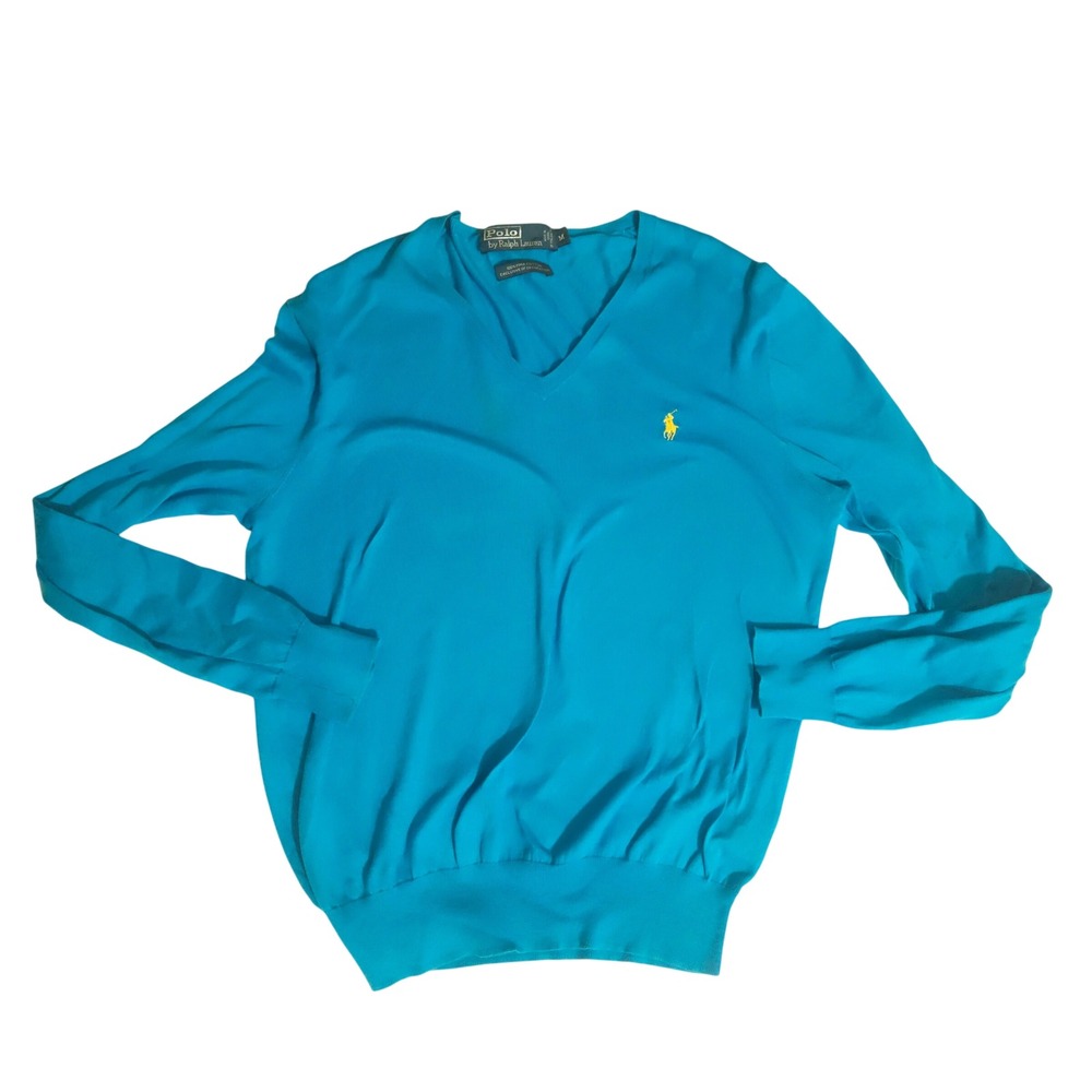 Polo Ralph Lauren Mens V-Neck Sweater Turquoise Blue Pima Cotton Yellow Pony M